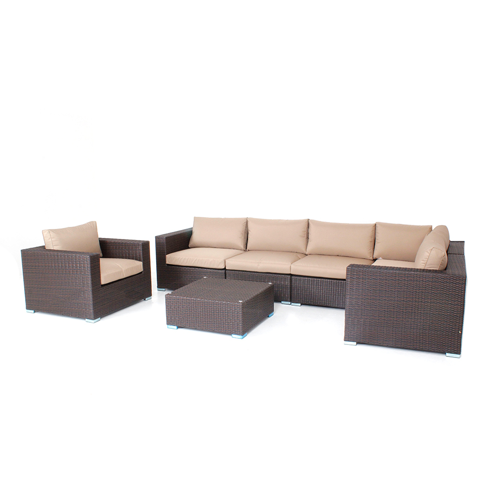 WYHS-T063 Наборы мебели для патио, открытый секционный диван, серебристый, всепогодный, плетеный из ротанга, с моющейся диванной подушкой и двумя чайными столиками